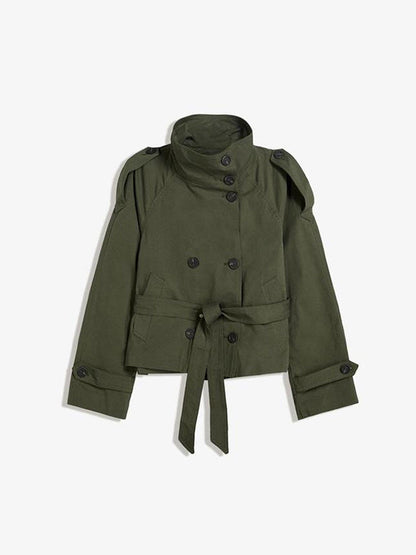 Women's fashionable trench jacket with waist belt and stand-up collar NOVAE