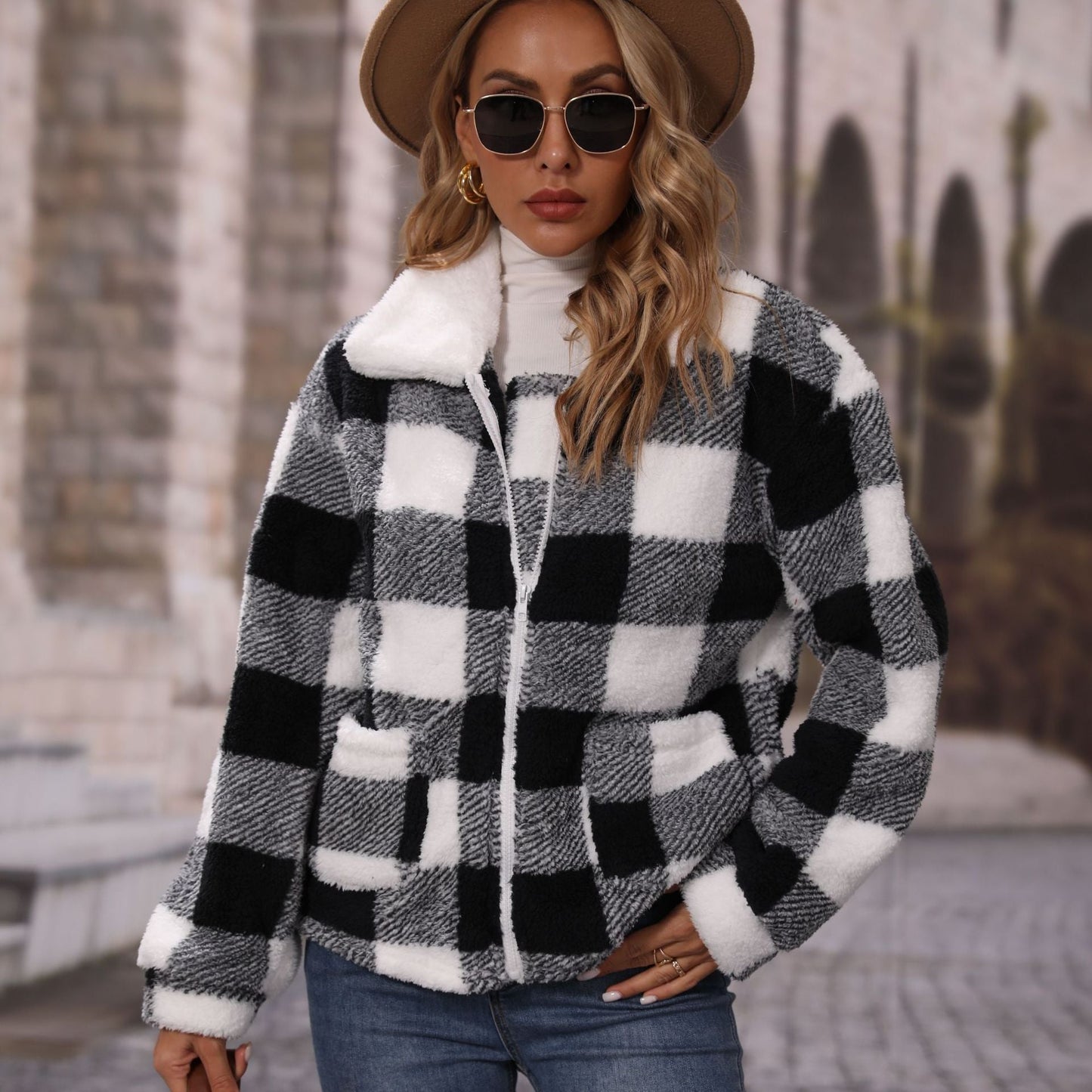 Women's Cozy Check Jacket with Asymmetrical Zipper NOVAE