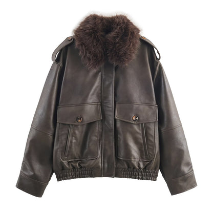 Women's elegant leather jacket with detachable faux fur collar and practical pockets NOVAE