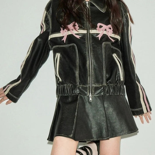 Women's faux leather jacket with ruffles and elastic hem NOVAE