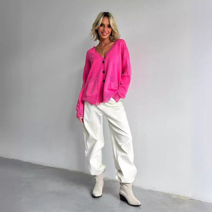 Women's casual oversized sweater with V-neck and pockets NOVAE