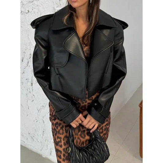 Women's Short Faux Leather Biker-Style Jacket with Textured Details NOVAE