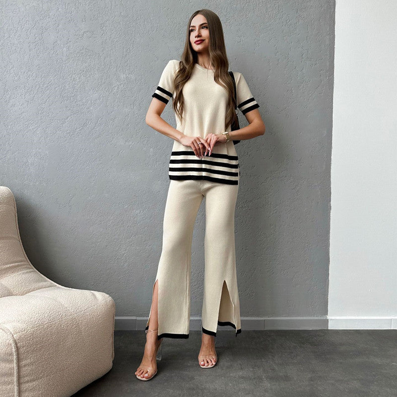 Women's stylish knit loungewear set with wide stripes and side slits NOVAE