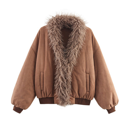 Women's cozy suede jacket with fur collar NOVAE