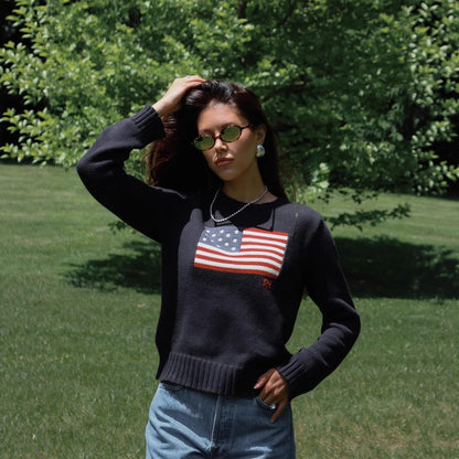 Women's fashionable sweater with USA flag appliqué NOVAE