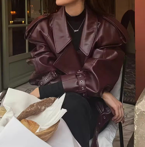 Women's Trendy Oversized Leather Jacket with Structured Shoulder Pads and Waist Belt NOVAE