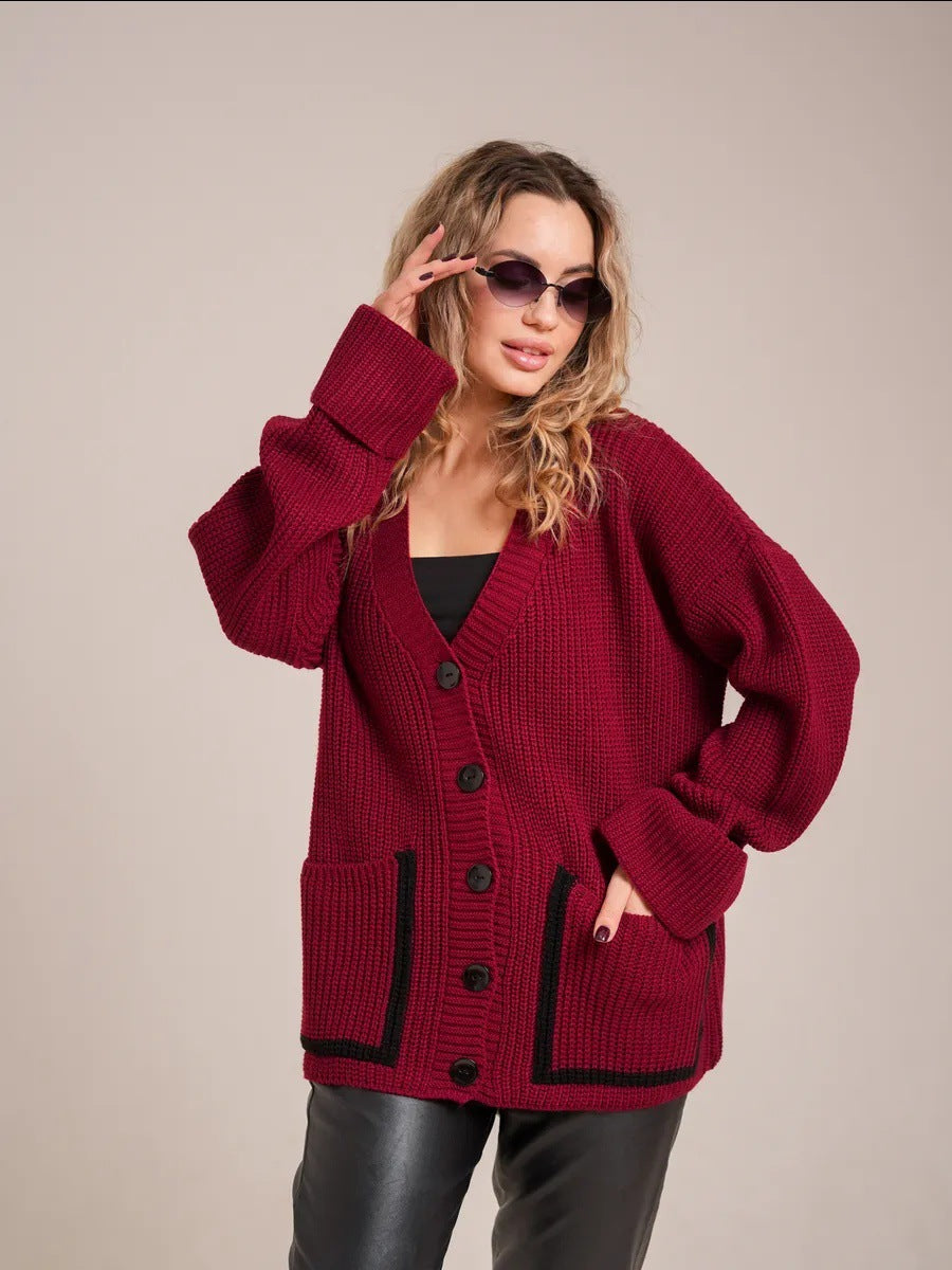 Women's chunky knit cardigan with large pockets and decorative button NOVAE