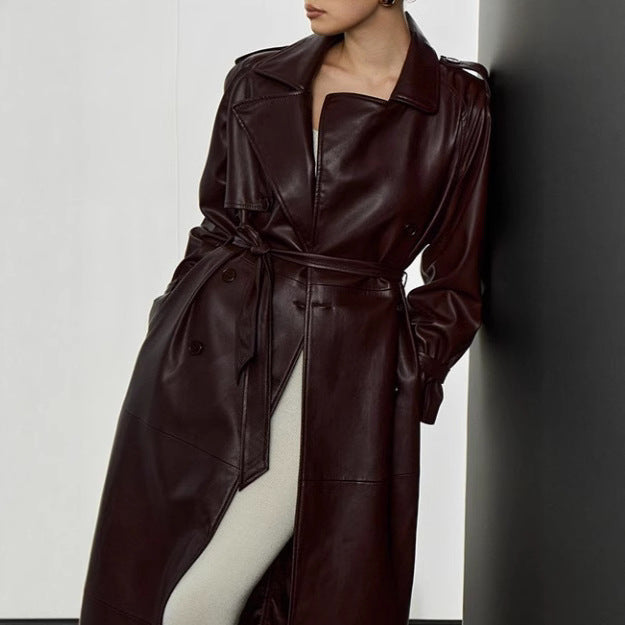 Women's elegant faux leather trench coat jacket with belt and fashionable details NOVAE