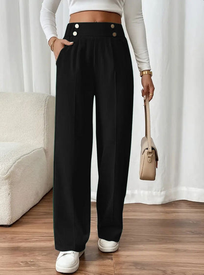 Women's Elegant Wide Leg Trousers with Decorative Button Details NOVAE