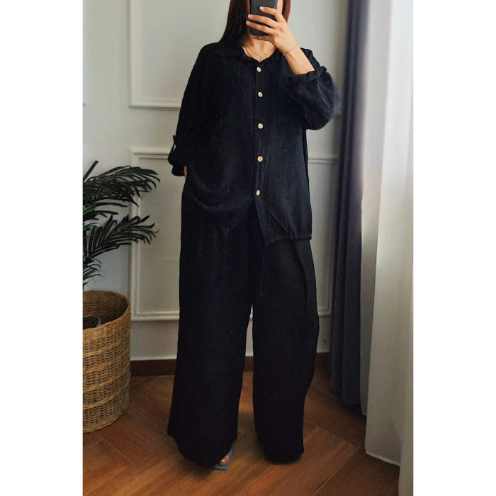 Women's linen set with wide-leg trousers and casual blouse NOVAE