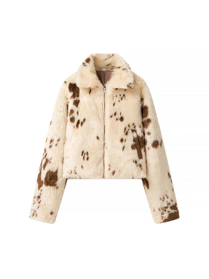 Women's fashionable short jacket made of faux fur with a unique animal motif NOVAE