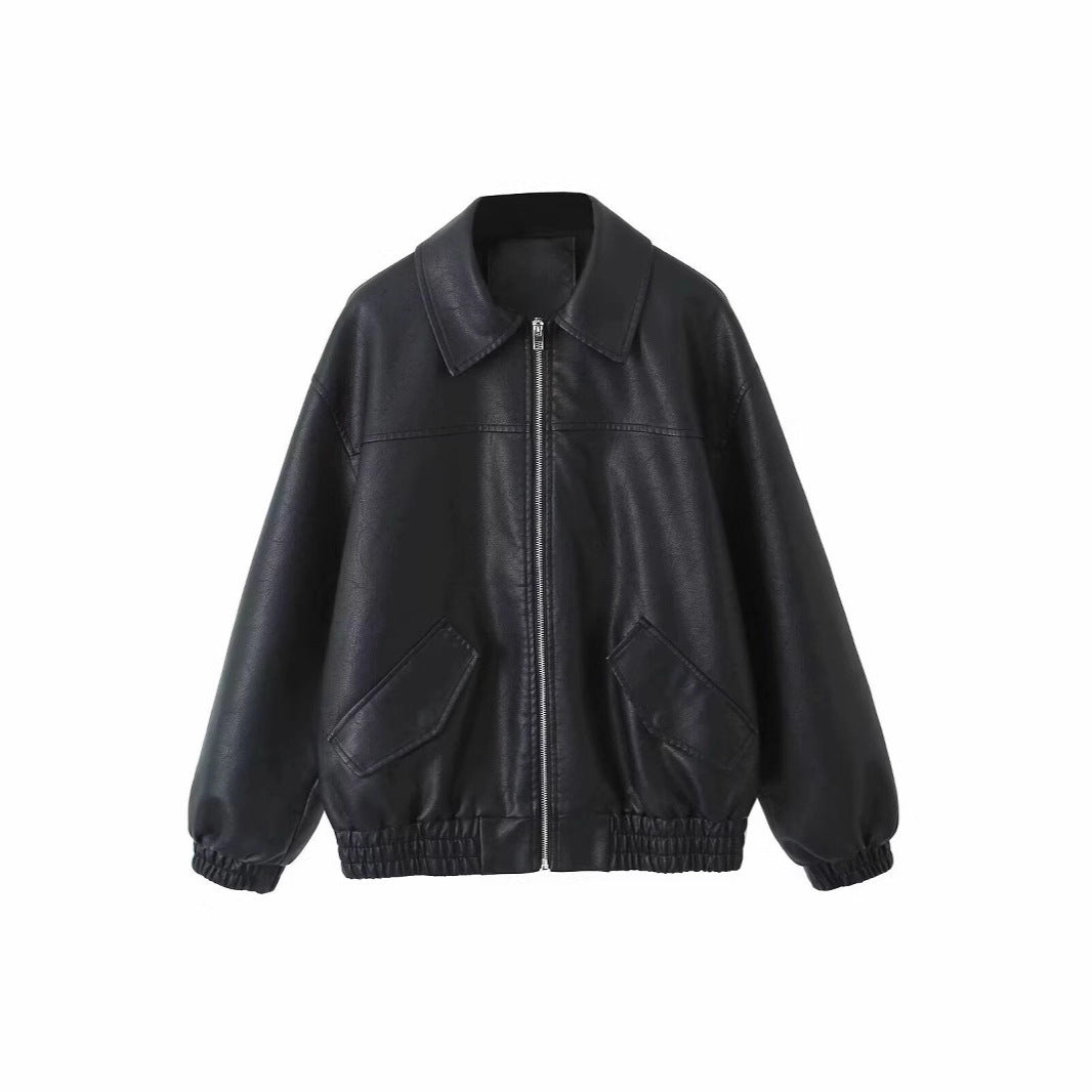 Women's casual leather jacket with elasticated hem and practical pockets NOVAE