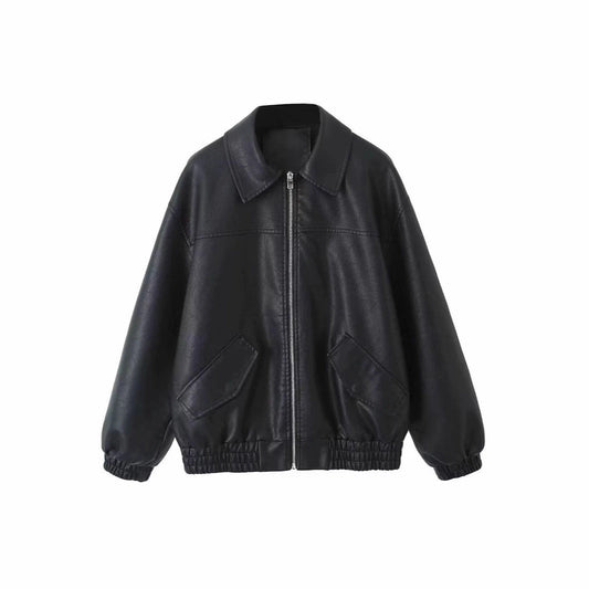 Women's casual leather jacket with elasticated hem and practical pockets NOVAE