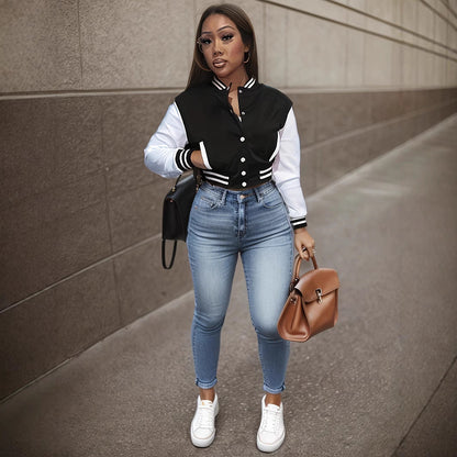 Women's varsity jacket with contrasting sleeves and structured collar NOVAE