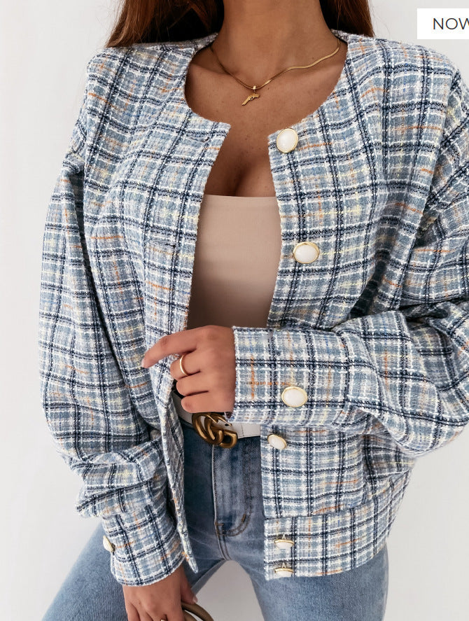 Women's fashionable checked cardigan with unique button closure NOVAE