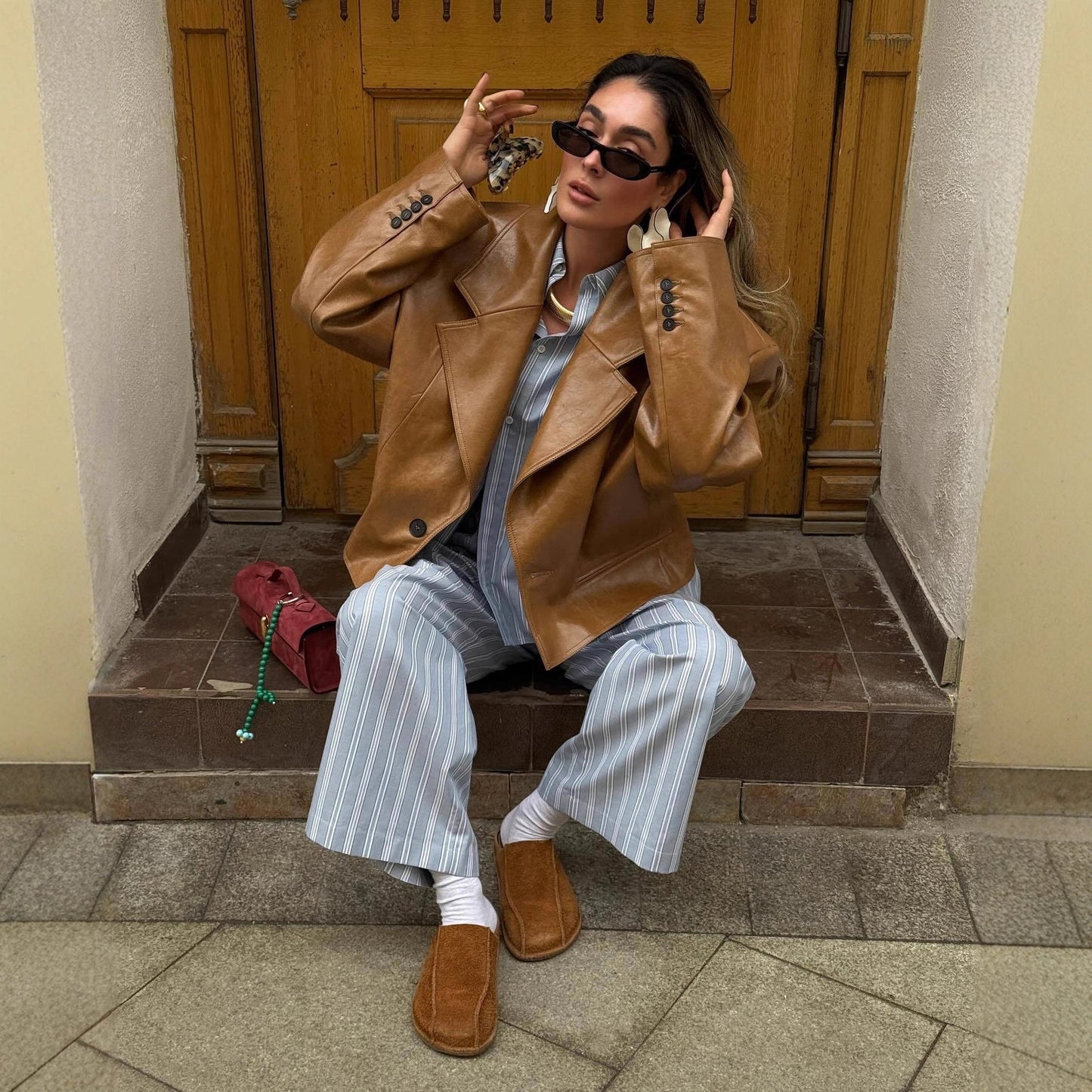 Women's oversized faux leather jacket with structured details NOVAE