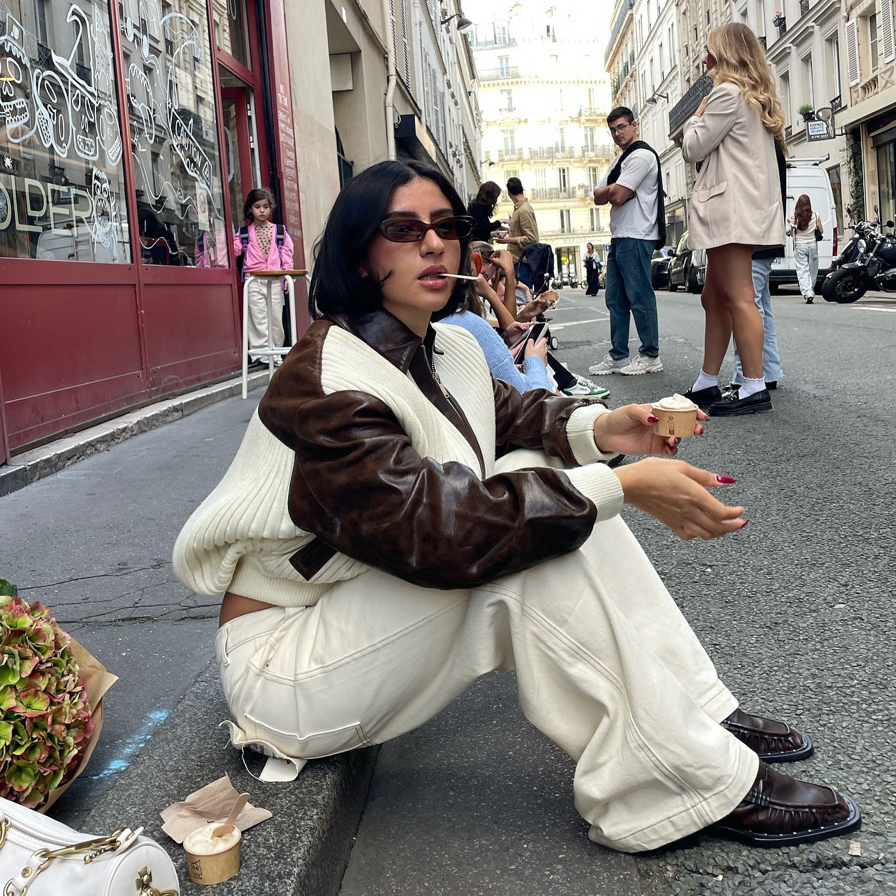 Women's oversized cardigan with leather sleeves and modern accents NOVAE