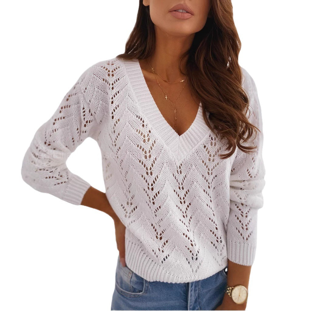 Women's knitted sweater with V-neck and artistic openwork patterns NOVAE