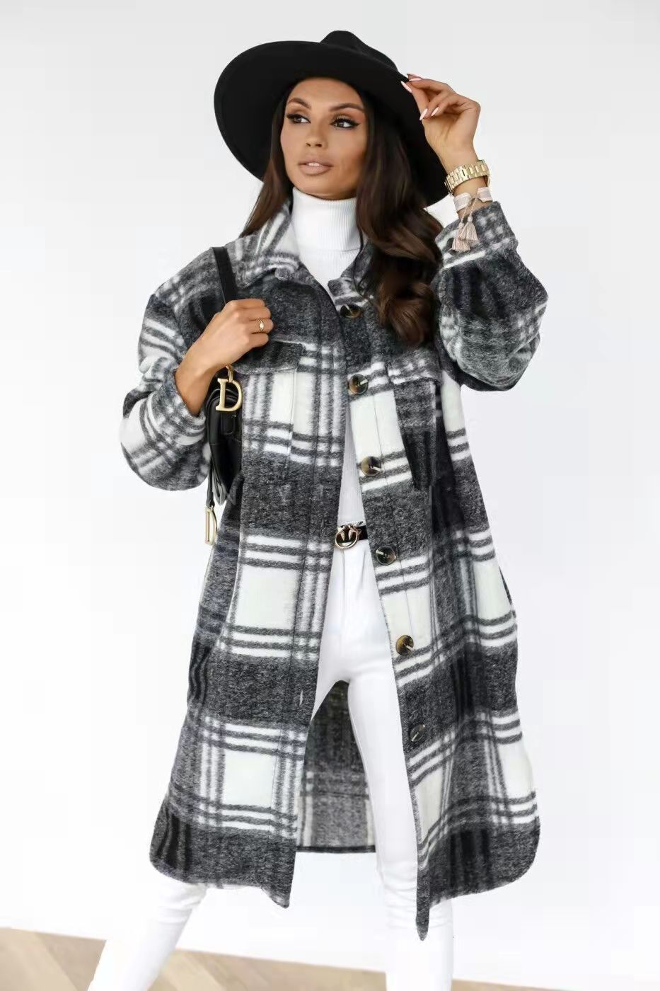 Women's Checkered Oversized Shirt Coat with Practical Pockets NOVAE