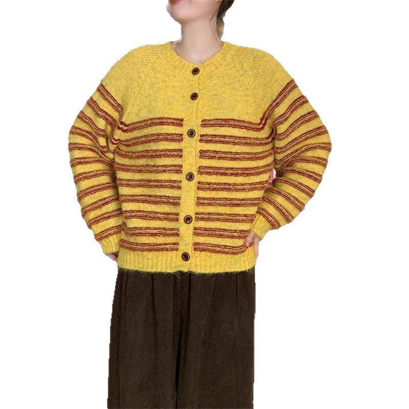 Women's chunky knit cardigan with modern stripes and button details NOVAE