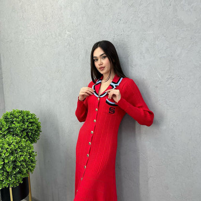 Women's knitted dress with elegant button placket and shirt collar NOVAE