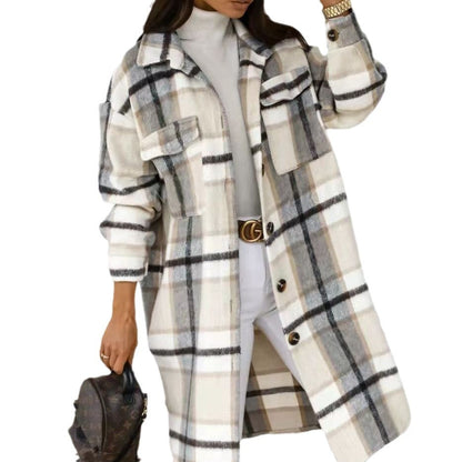 Women's Checkered Oversized Shirt Coat with Practical Pockets NOVAE