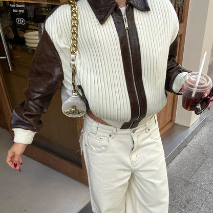 Women's oversized cardigan with leather sleeves and modern accents NOVAE