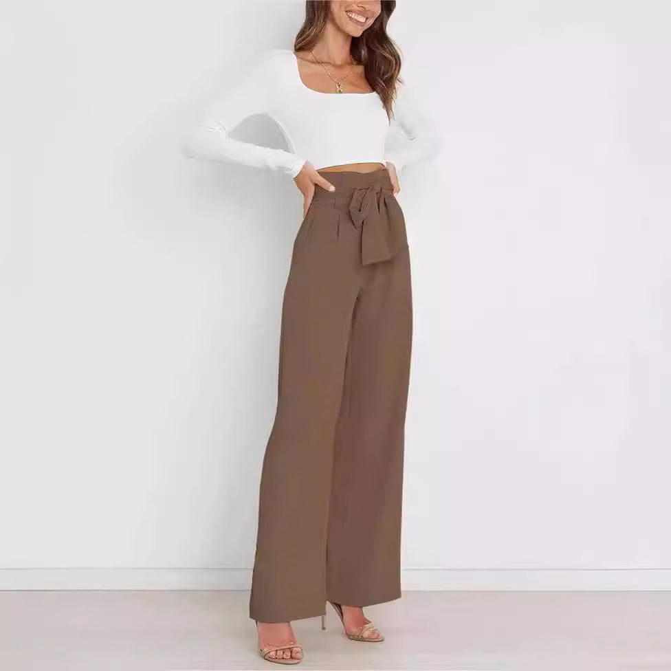 Women's wide-leg trousers with decorative tie belt NOVAE