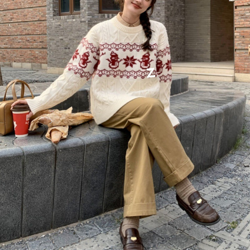 Women's Christmas sweater with festive cable knit pattern and snowman motif NOVAE