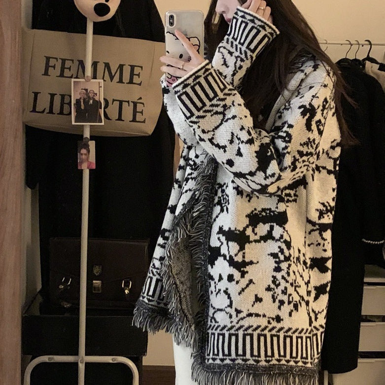 Women's fringed cardigan with graphic pattern and open fronts NOVAE