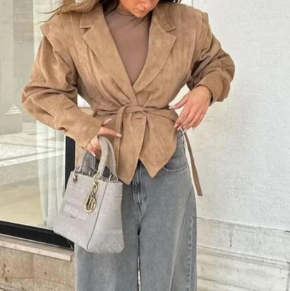 Women's Fashionable Suede Jacket with Waist Belt NOVAE