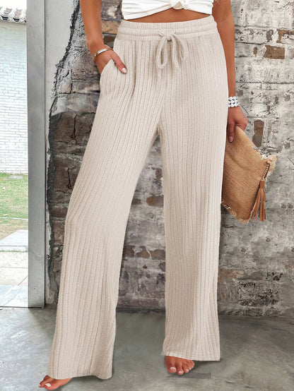 Women's Soft Ribbed Knit Trousers with Elastic Waistband and Practical Pockets NOVAE
