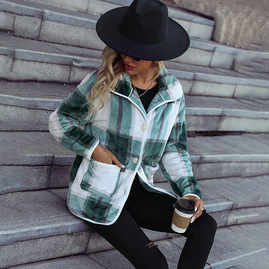 Women's soft plaid coat with modern button details NOVAE