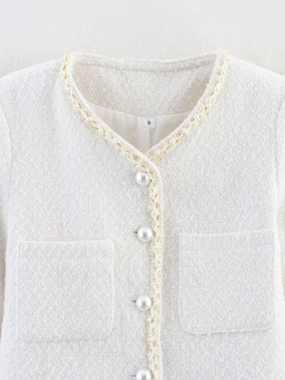 Women's elegant short-sleeved pullover jacket with pearl-decorated buttons and patch pockets NOVAE