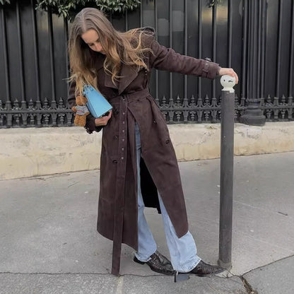 Women's stylish midi trench coat jacket with tie belt and practical pockets NOVAE