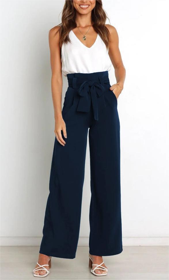 Women's wide-leg trousers with decorative tie belt NOVAE