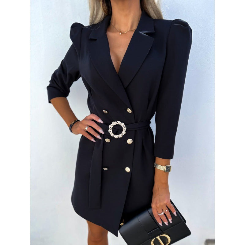 Women's blazer dress with elegant waistline and shiny button details NOVAE