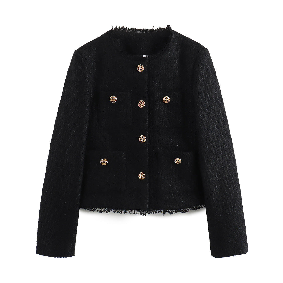 Women's elegant tweed jacket with fringe and decorative buttons NOVAE