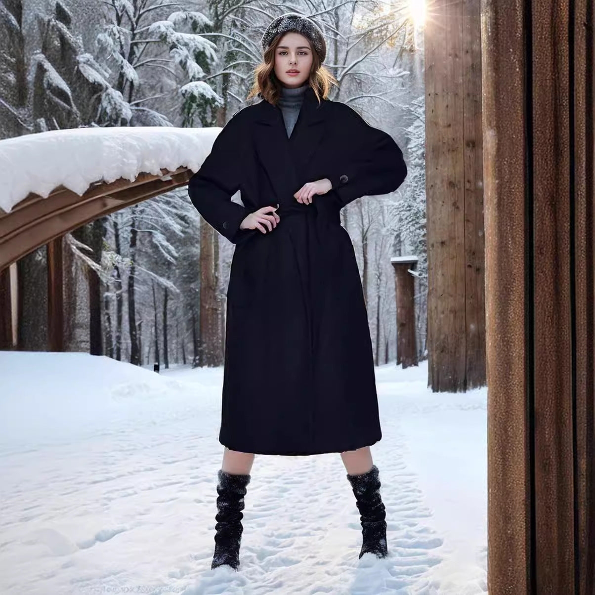 Women's stylish coat with wide collar and waist belt NOVAE