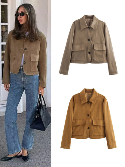 Women's fashionable short jacket made of high-quality imitation suede with practical pockets NOVAE