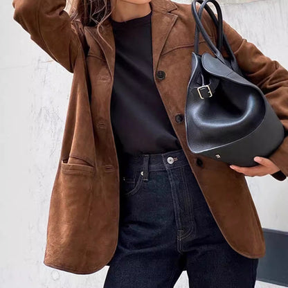 Women's Long Suede Coat with Adjustable Belt and Fashionable Collar NOVAE