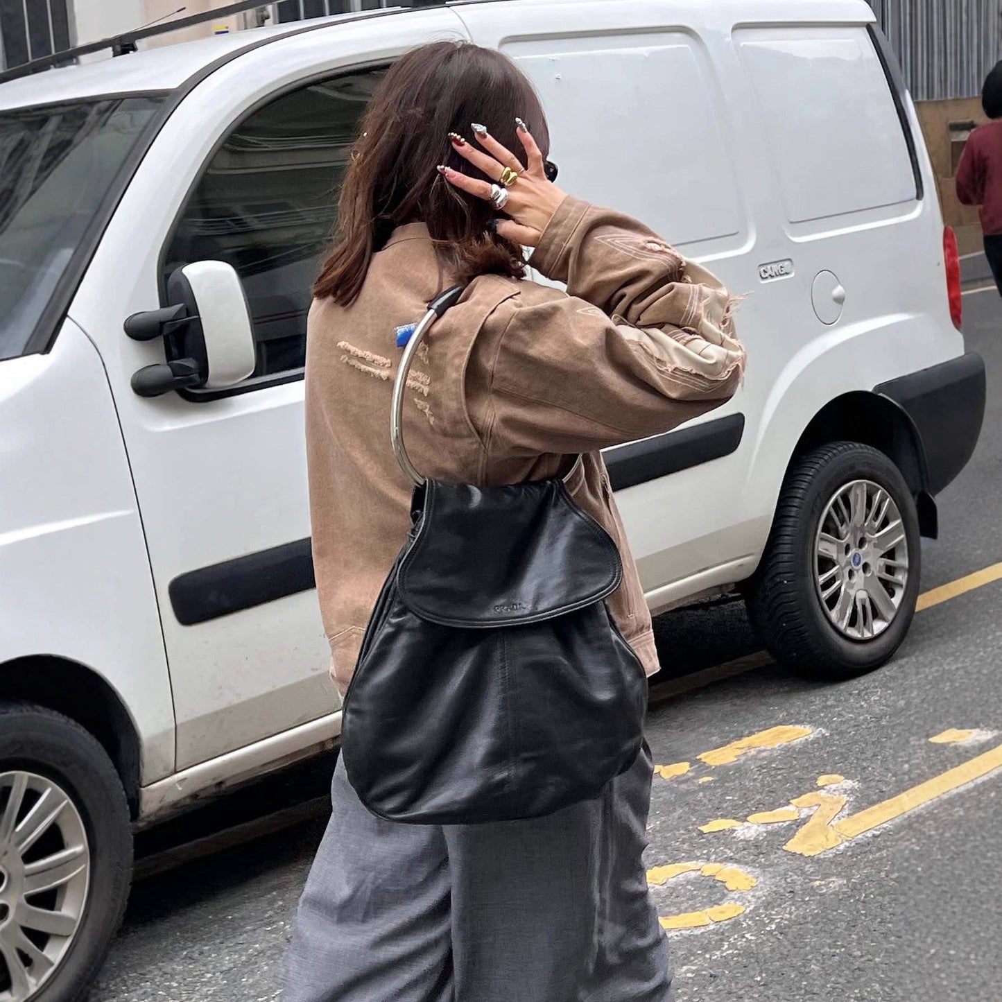 Women's fashionable vintage-style jacket with artistic decorative stitching and a worn effect NOVAE