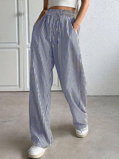 Women's wide-leg striped trousers with elasticated waistband and practical pockets NOVAE