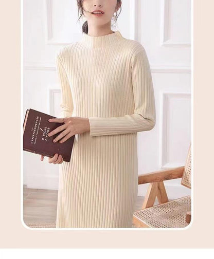 Women's knit dress with fine ribbing and high collar NOVAE