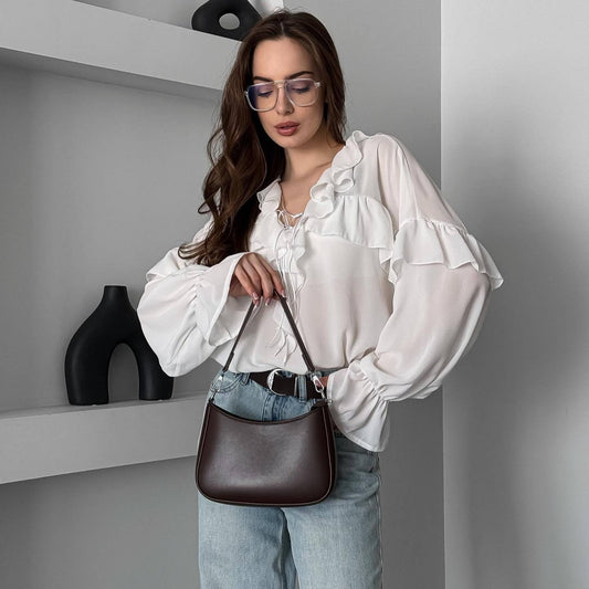 Women's blouse with playful flounce and tie belt NOVAE