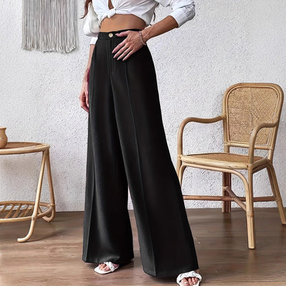 Women's high-waisted palazzo trousers with a narrow waistband and subtle button detail NOVAE