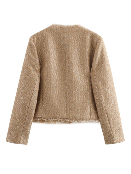 Women's elegant tweed jacket with fringe and decorative buttons NOVAE