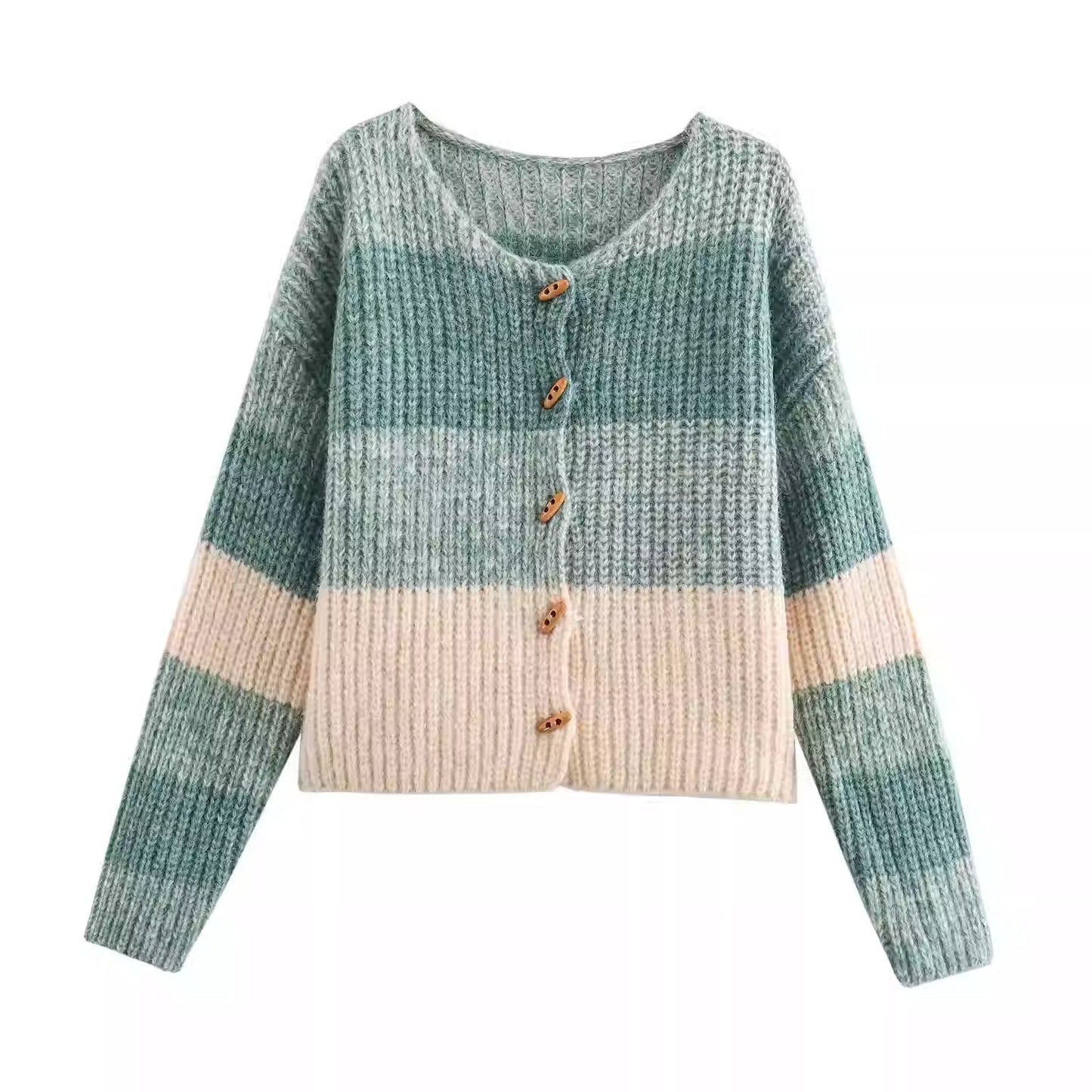 Women's cardigan with elastic rib design and wooden buttons NOVAE