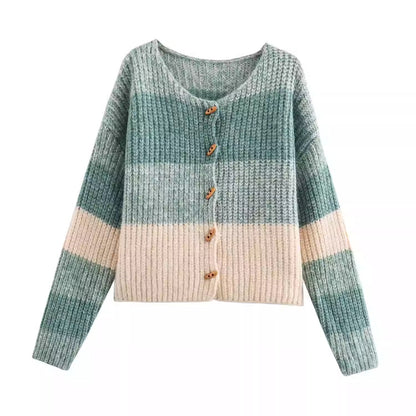 Women's cardigan with elastic rib design and wooden buttons NOVAE