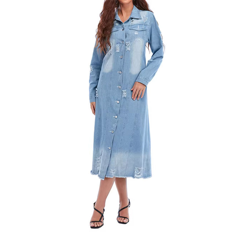 Women's denim shirt jacket in a casual long style with distressed details NOVAE